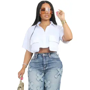 Women's Plain Flap Pocket Button Front Crop Shirt, Casual Fashion Shirt, Casual Short Sleeve Collared Top for Daily Wear, Ladies Clothes for All Seasons