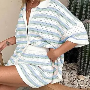 2-Piece Contrast Color Lapel Shirt & Striped Shorts Suit