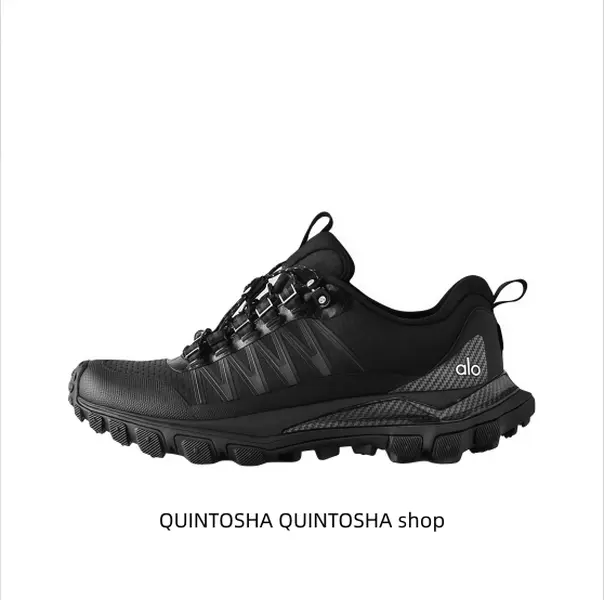 Solid black outdoor trekking sneakers supportive cushioned non‑slip sole trail running shoes for hiking climbing camping outdoor adventures