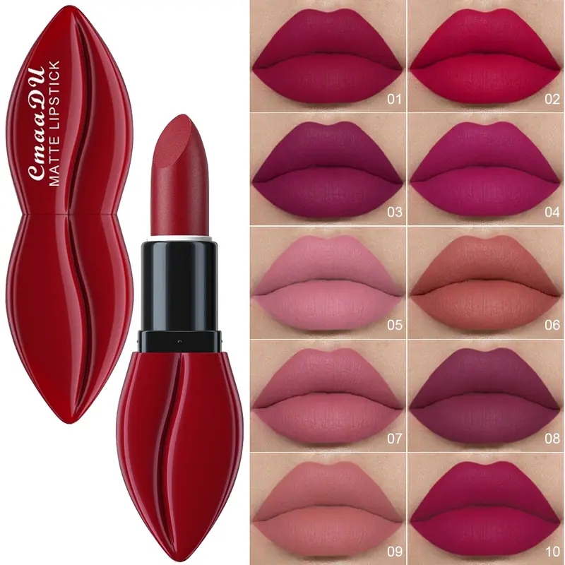 CmaaDu 10-Color Matte Moisturizing Long Lasting Lipstick, Professional Lip Cosmetics for Women with Fashionable Lip Design, Essential for Daily and Holiday Makeup Gift