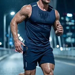 Cooling, breathable tank top and shorts set with reflective strips for night running