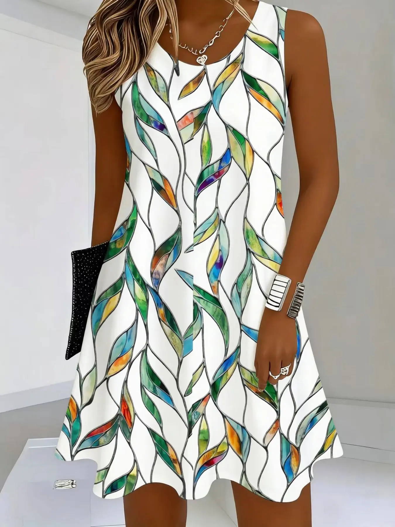 Women's casual vacation style beach resort wear sleeveless day dress, elegant summer printed vest skirt, Womenswear Garment, Casual Fashion Dress