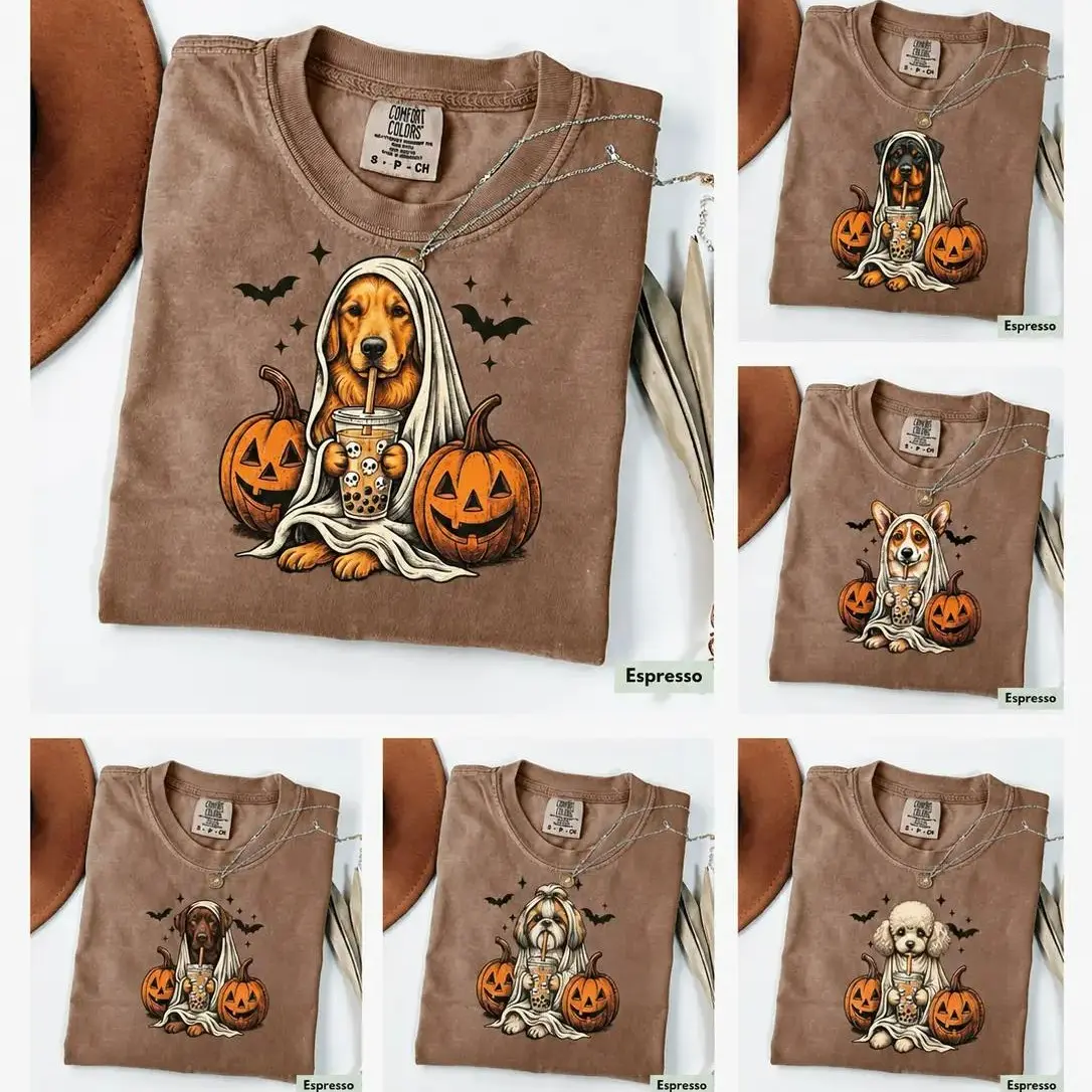 Comfort Colors Dog Shirt, 50+ Dog Breeds Custom Ghost & Boba Tea Halloween Tee, Funny Dog Lover Gift, Spooky Season Graphic Shirt, Espresso  - AL