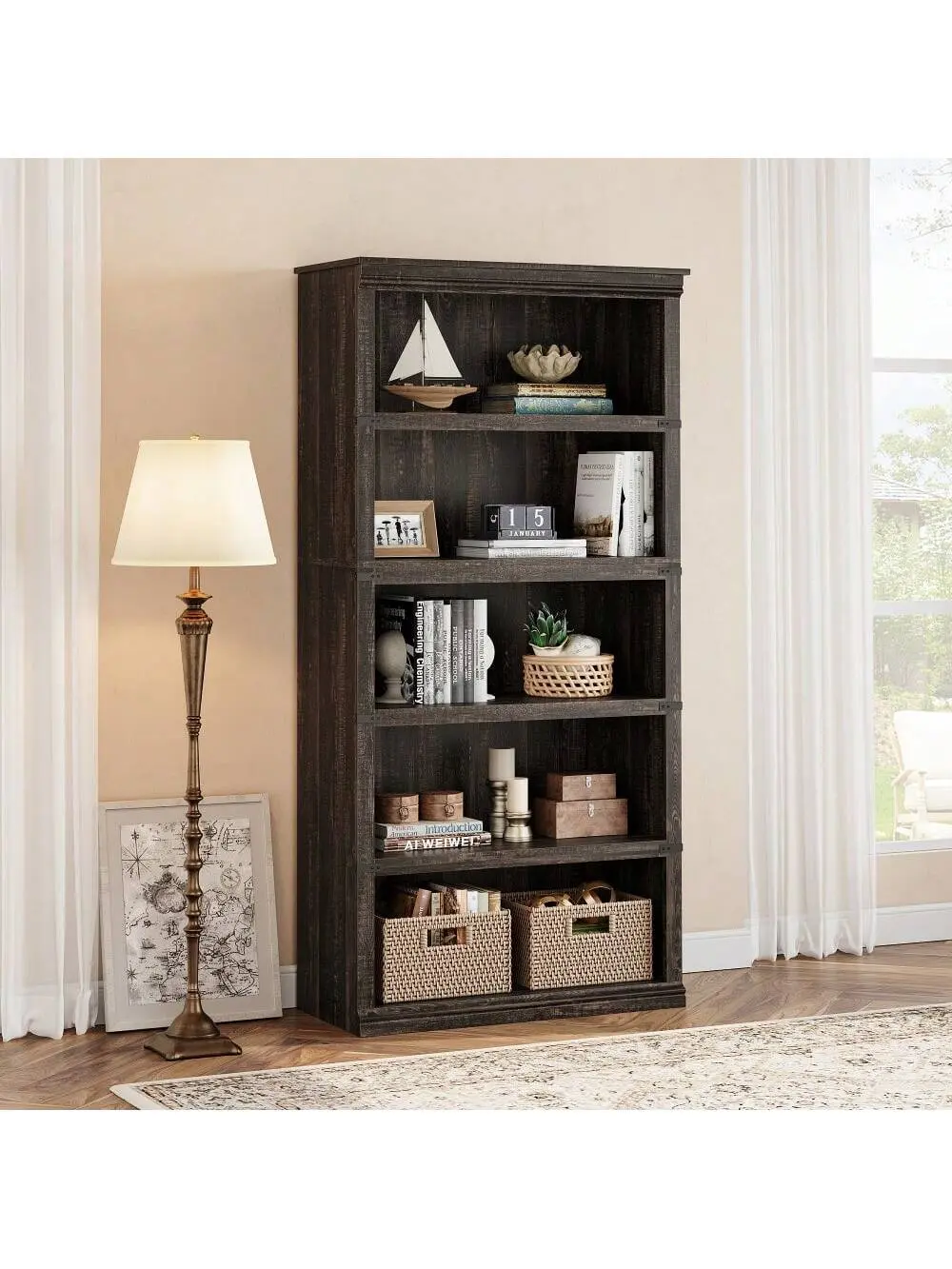 Traditional Rustic 5-Layer MDF Wood Freestanding Bookcase - 62.87-in High Colonial Molded 5-Shelves Open Display Unit, Easy Assembly Required Office & Living Room Furniture with Wall Anchors for Collectibles, Five Shelves