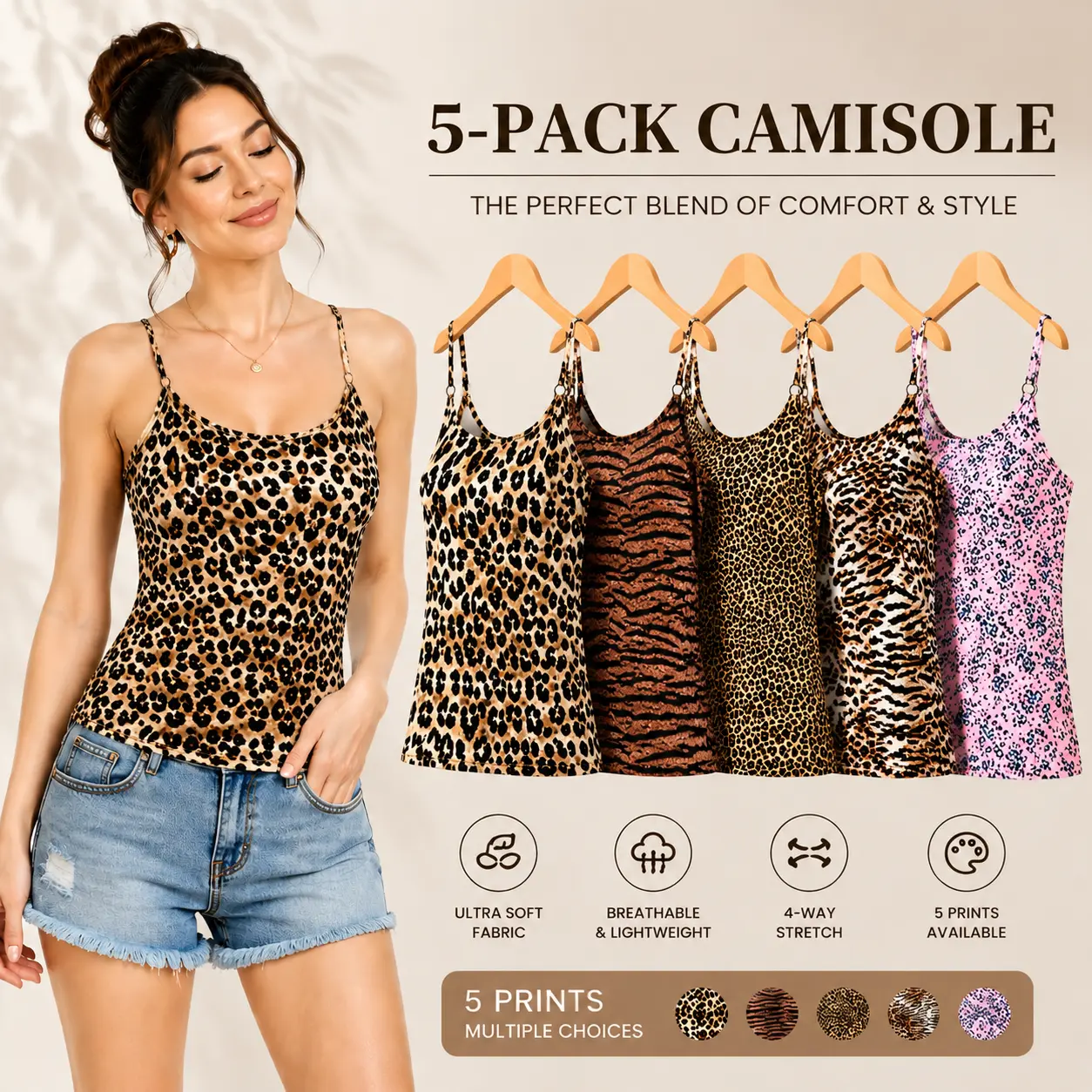 【5 Pack】Camisole for Women Leopard Zebra Print Tank Tops Spaghetti Strap Undershirt 4-Way Stretch Soft Breathable Lightweight Layering Vest Trendy Summer Clothes Free Shipping Sexy Cami Pack Casual Base Layer Slim Fit Lounge Wear Multi-Color Clubwear Hot
