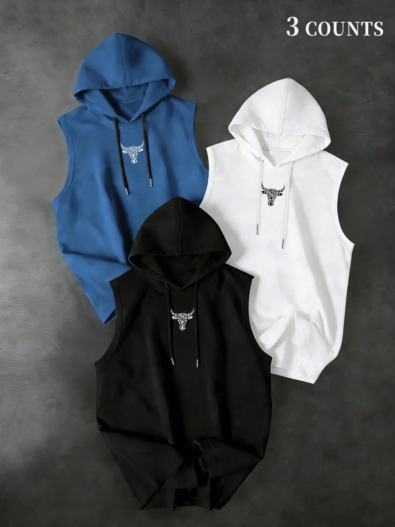 Men's 3-Pack Moisture-Wicking Hooded Design Tank Tops, Breathable Sleeveless T-Shirts, Bull Print, Casual Loose Fit, Fitness Casual Wear, Ideal for Daily Wear or Light Sports