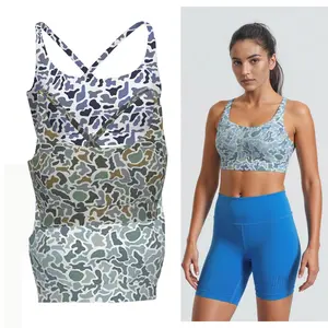 Women's spaghetti strap sports bra, camouflage print underwear, suitable for gym, exercise, running, etc.
