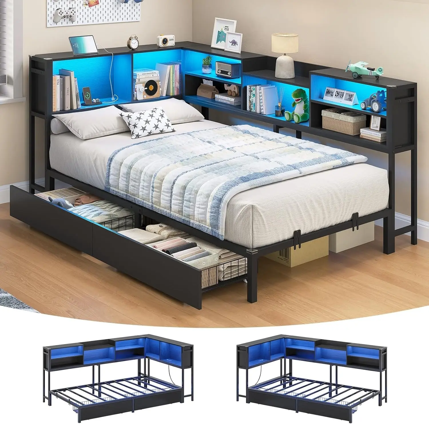 Sikaic Corner Bed Frame with 2 Drawers and Storage Bookcase, Daybed with Charging Station and LED Lights, Metal Platform Bed with Bookshelves, Twin Size Bed Frame for Kids Teens Guests, Black DealsForYouDays Summerwins