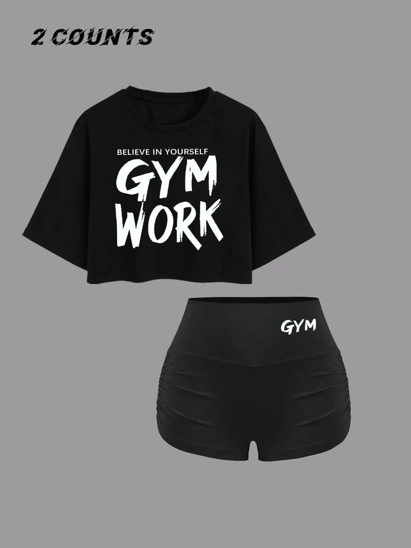 Women's Letter Print Crop Tee & High Waist Shorts Gym Workout Set, Sports Fitness Outfit, Loose Casual Sporty Two-piece Outfits for Daily Outdoor Wear, Ladies Summer Clothes, Sports Clothing Set