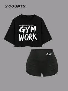 Women's Letter Print Crop Tee & High Waist Shorts Gym Workout Set, Sports Clothing Set, Casual Workout Loungewear, Casual Cozy Breathable Two-piece Outfits for Daily Outdoor Wear, Ladies Clothes for Summer
