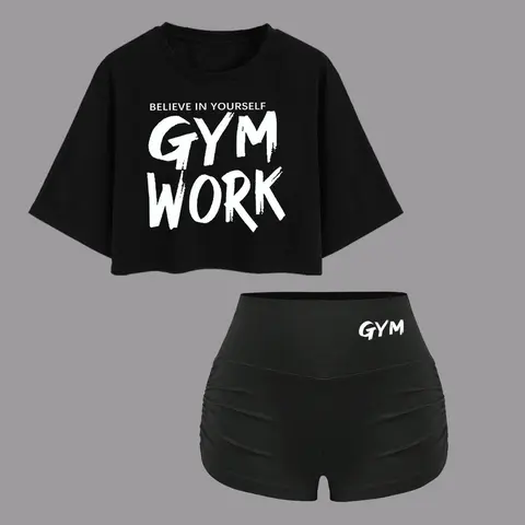 Women's Letter Print Crop Tee & High Waist Shorts Gym Workout Set, Sports Fitness Outfit, Loose Casual Sporty Two-piece Outfits for Daily Outdoor Wear, Ladies Summer Clothes, Sports Clothing Set, Active Outfit