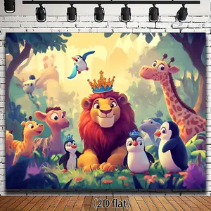1pc Lion King Themed Background Wall | Crowned Lion, Penguins, Giraffe in Forest - Durable Polyester Banner, Ideal for Parties, Events, Photo Shoots | Vivid Design, No Electricity Required