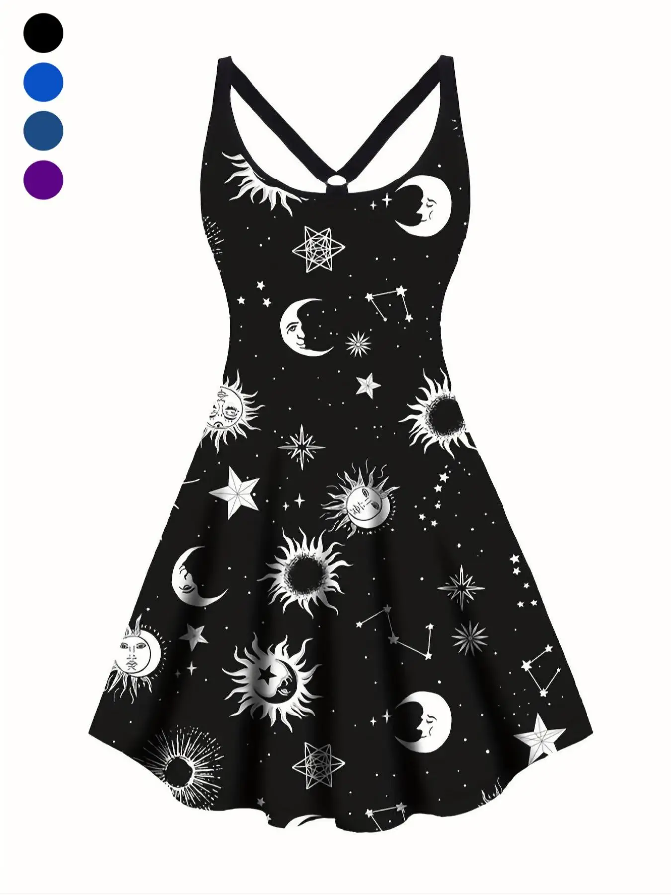 Women's Moon & Star Print Cut Out Backless Scoop Neck Tank Dress, Elegant Ring Linked A Line Short Dress for Vacation Holiday Party, Ladies Summer Dre