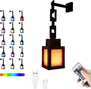Pixelated Lantern LED Night Light, 16-Color Led Wall Mood Night Light with Remote Control, Rechargeable Table/Wall Night Lamp, for Bedroom & Home Decoration (with Chain)