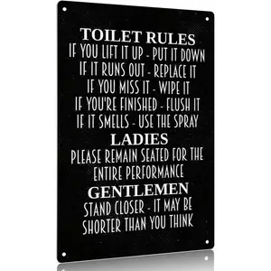 12x8 Inch Aluminum Metal Sign, Funny Bathroom Wall Decor - "Toilet Rules: Ladies Remain Seated, Gentlemen Stand Closer" Humorous Restroom Sign