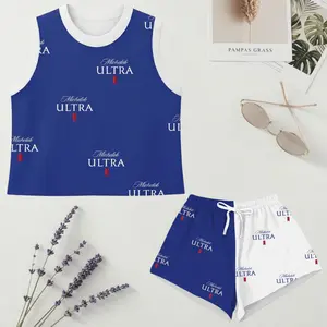Michelob Ultra Women’s Crop Top and Sport Shorts Set, Blue White Split Athletic Outfit Summer Lounge Wear, Gift for Her