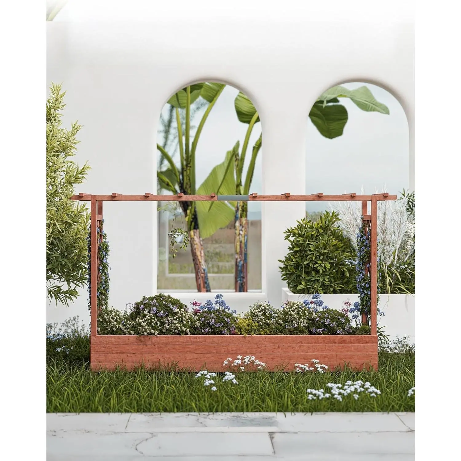 GARVEE Elevated Wooden Raised Garden Bed with Arch Trellis & Hanging Roof – 45" Planter Box with 2 Side Trellises & 4 Drainage Holes for Outdoor Climbing Plants & Vegetables – Size: 200.5x44x113.