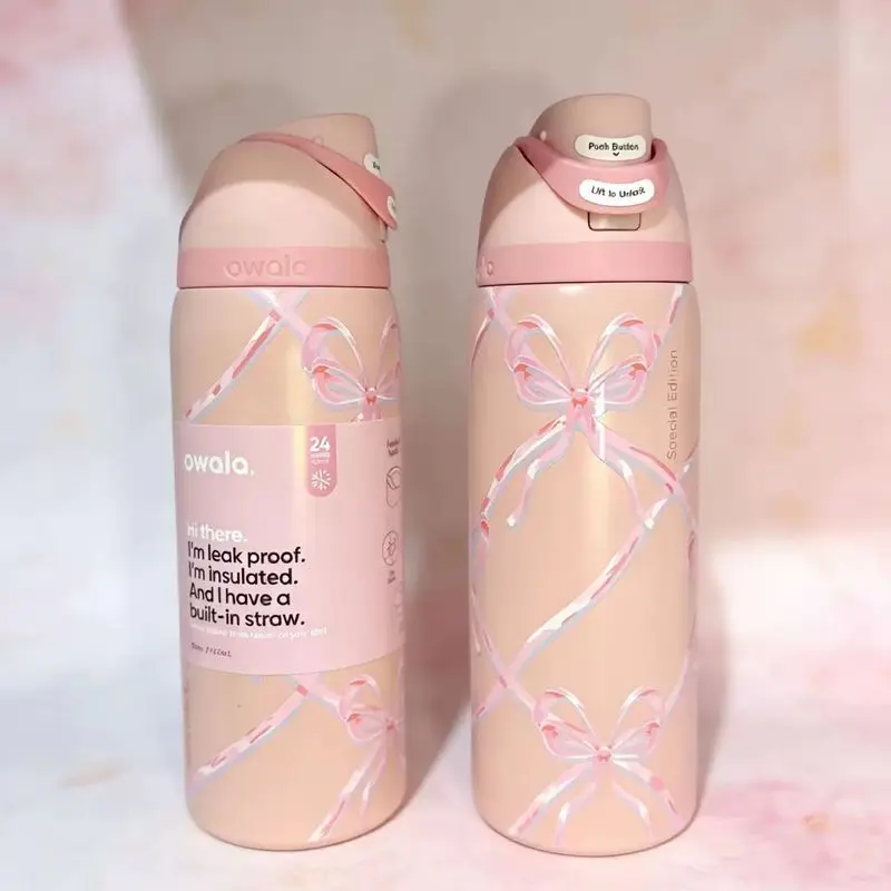 Limited Edition 32oz Pink Bow Owala FreeSip Coquette Aesthetic Ribbon Water Bottle Personalized Gift for Her Aesthetic Custom Pink Tumbler