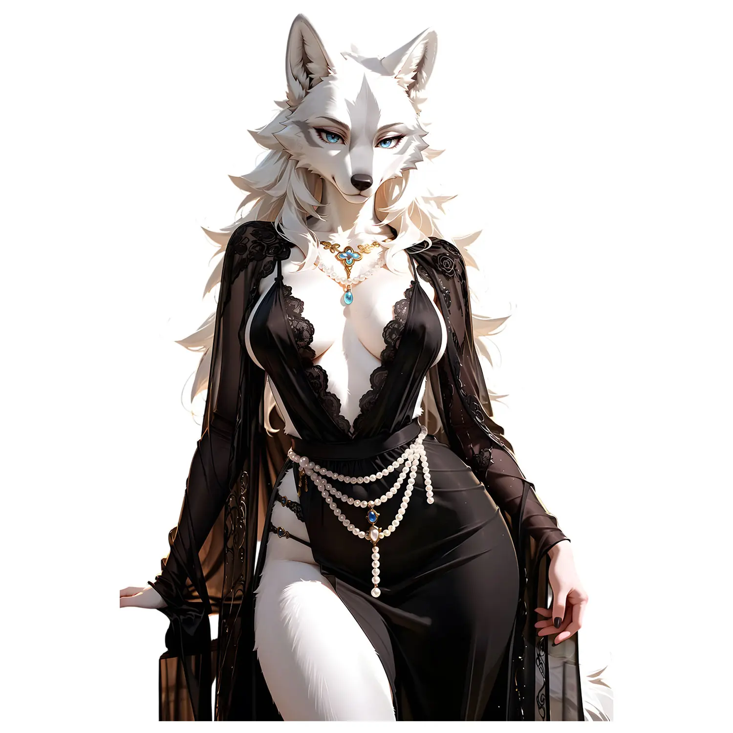 Elegant White Wolf Lady Sticker, Gothic Black Lace Outfit with Pearl and Blue Gem Details, Vinyl Decal for Laptop, Tumbler, Phone Case, Journal or Tablet