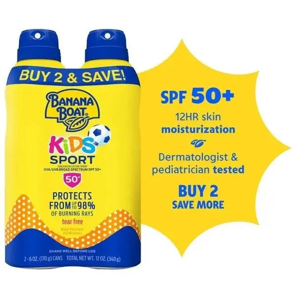 Banana Boat Kids Sport Sunscreen  SPF 50, Twin Pack, Kids Sunscreen, 2 x 6 oz Sprays