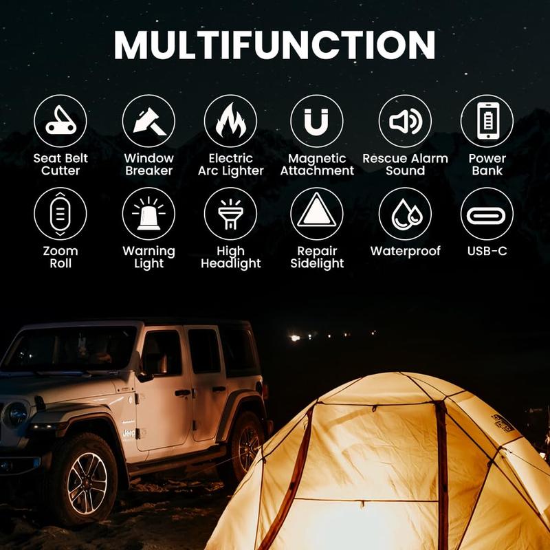 TikTokShopBlackFriday 10-in-1 Multi-Function Rechargeable Flashlight - High Lumen LED Long Throw Beam, Emergency Hammer with Window Breaker for Car, Home, Outdoor Survival and Personal Safety - Portable Emergency Rescue Light