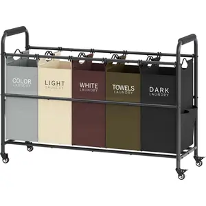 5 Bag Laundry Sorter Cart, Laundry Hamper Sorter Basket with Heavy Duty Lockable Rolling Wheels for Clothes Storage, 5 Colors