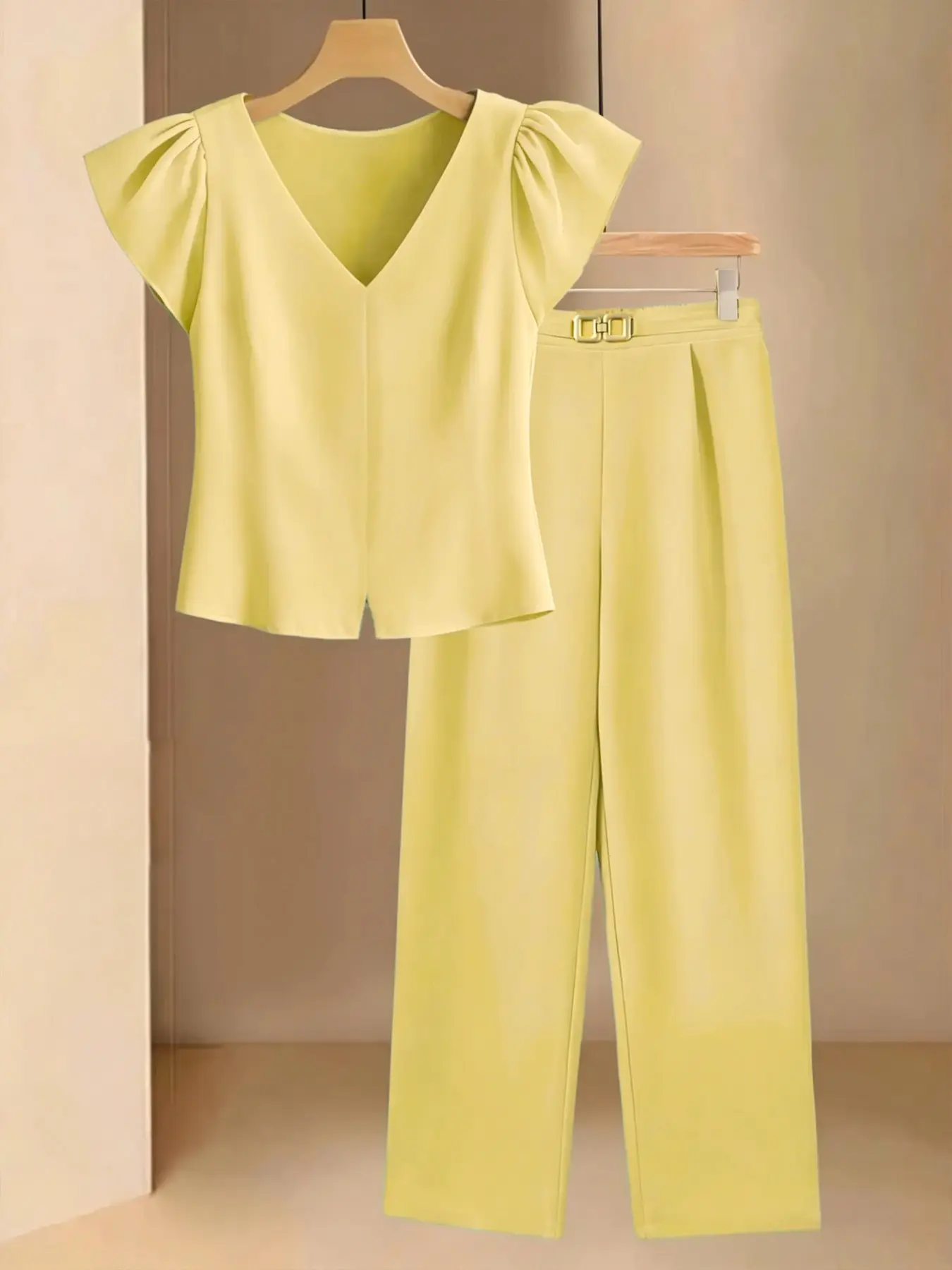 Summer Women's Solid V-Neck Ruffle Short Sleeve Shirt Blouse + Pants Two-Piece Set, Elegant Office, Casual Business Wear