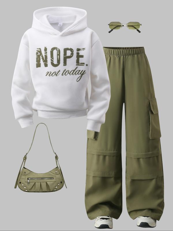 Teen Girls 2 Piece Set Casual Fashion Streetwear, Fleece Long Sleeve Hoodie Top & Wide Leg Work Pants, Fall Winter