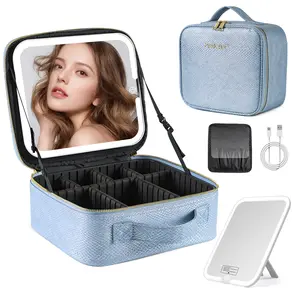 Makeup Bag with LED Lighted Mirror, Travel Make up Case Train Organizer with Adjustable Dividers Premium Cosmetic Storage for Women Girl, Mermaid Shine Blue