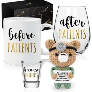 Before Patients After Patients Gift Set 11 oz Coffee Mug and 15 oz Stemless Wine Glass with Crochet BearGift Package for Dentist Nurses Day Graduation Gifts