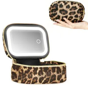 Leopard Print Mini Travel Makeup Bag with LED Light Mirror, 500mah Rechargeable Touch Dimmable Beauty Storage Pouch for Travel, Travel Cosmetic Bag