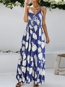 Plus Size V-Neck Halter Maxi Dress, Pineapple Print, Smocked Waist, Tiered Ruffle Hem, Front Tie Detail
