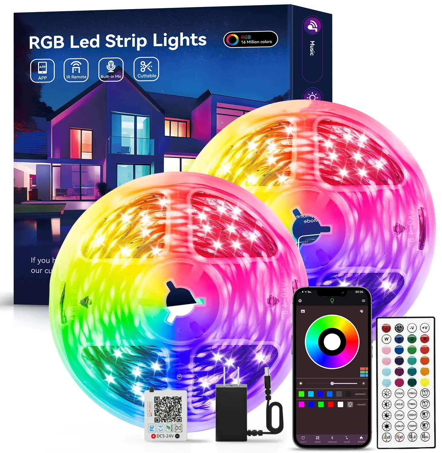 Music Sync Smart LED Strip Lights - Bluetooth App Controlled Dimmable RGB LED Strips Light, Indoor Multi-Size Color Changing Lighting, Aesthetic Home Decor for Ceiling/Cabinets, Flexible Teen Gadget Gift