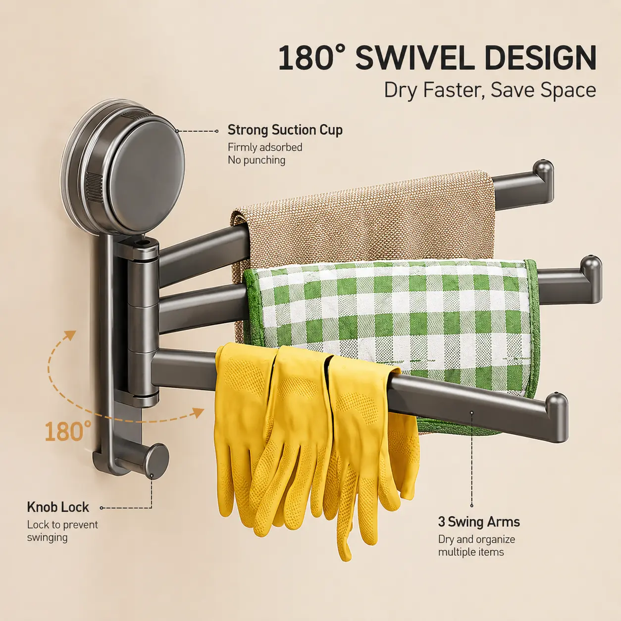 1 Piece Suction Cup Wall Mounted Towel Rack, 180 Degree Rotatable 3 Tier Drainable Hanger for Kitchen Sink and Bathroom Wall