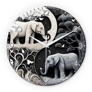 Elephant Moon Butterfly Pattern Wall Clock, 10-14 Inch Silent Timer for Living Room, Battery Operated Decor for Bedrooms & Offices