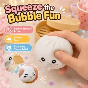 Cute Steamed Bun Squishy Toy with Bubble Blowing Action Party Supplies, Soft PU Slow Rebound Squeeze Fidget for Stress Relief, Kawaii Desk Toy Birthday Party Activities Supplies