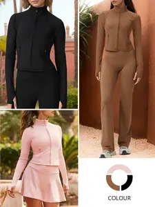 FISOEW Women's Cropped Running Workout Jackets Zip Up Lightweight Slim Fit Athletic Tops with Thumb Holes Pockets Stretchy madison blazer Casual Womenswear