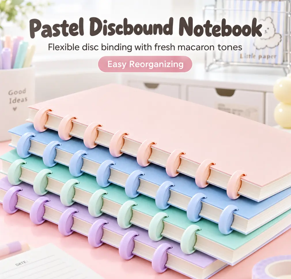 Pastel Discbound Notebook, Reusable Spiral Journal with Removable Pages, Cute Planner for School, Office, Study Notes & Aesthetic Desk Setup
