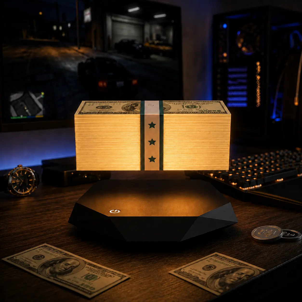 Magnetic Levitating Money Stack Night Light | 3-Color Modes (Warm/Cool/White) 360° Floating Cash Ambient Lamp, Crime City Heist Room Decor for Bedside & Game Room & Halloween Decor sohochic