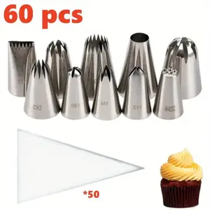 10 pieces of stainless steel cake decoration nozzle with 50 disposable plastic bags, easy to clean, suitable for beginners to professionals, holiday baking and home kitchen use, baking essentials, cake decoration supplies