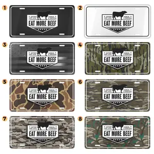 Eat More Beef Camo License Plate, 12" x 6" Vanity Tag, Support Local Farmers & Ranchers, Unique Cow Design, Customizable