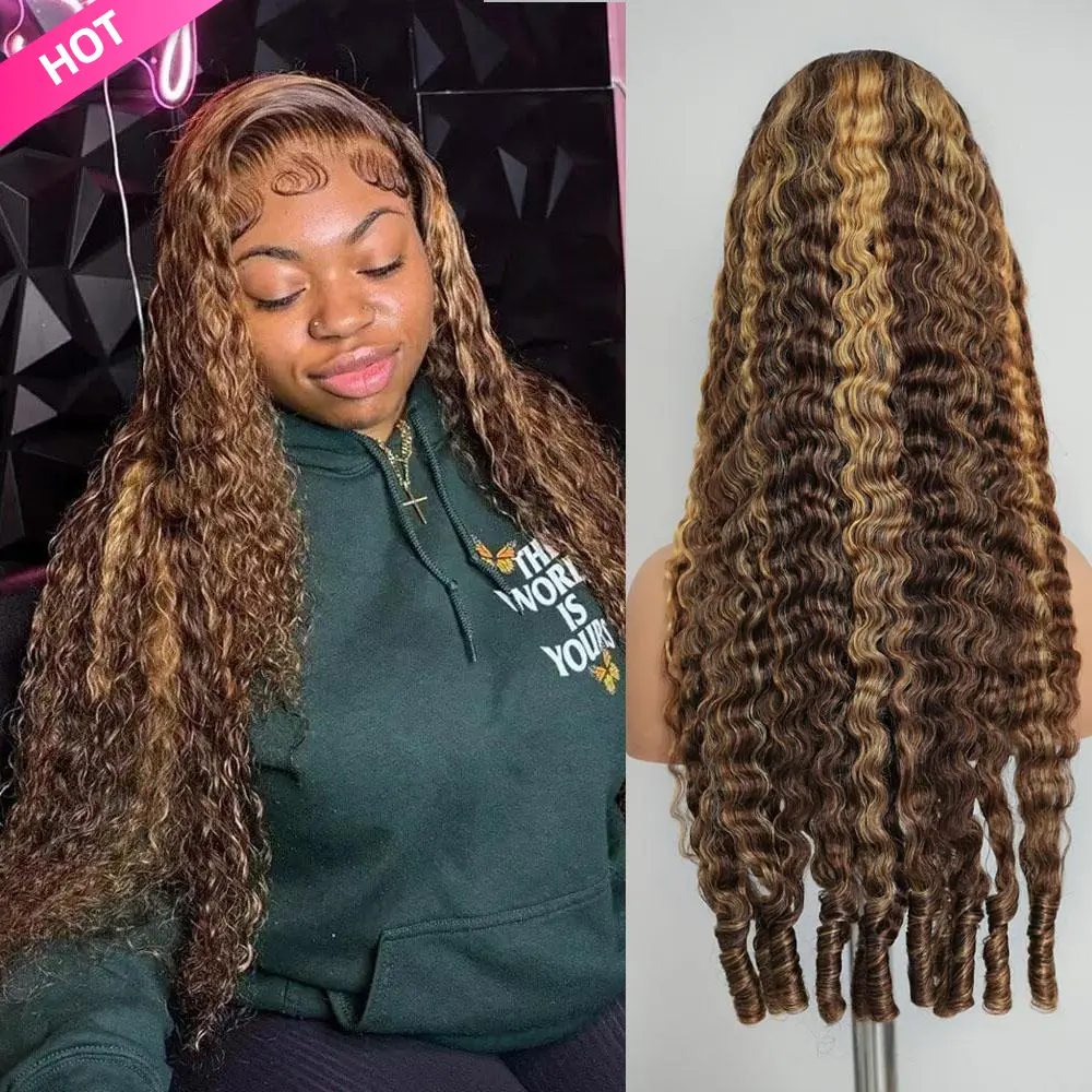 【Hot Sale】Lemoda P4/27 Honey Blonde Burmese Curly  Highlight HD Transparent 13x6 Full Lace Frontal Wigs Pre Plucked 15A Virgin Human Hair Wigs for Womenly End 200% Density summerwins