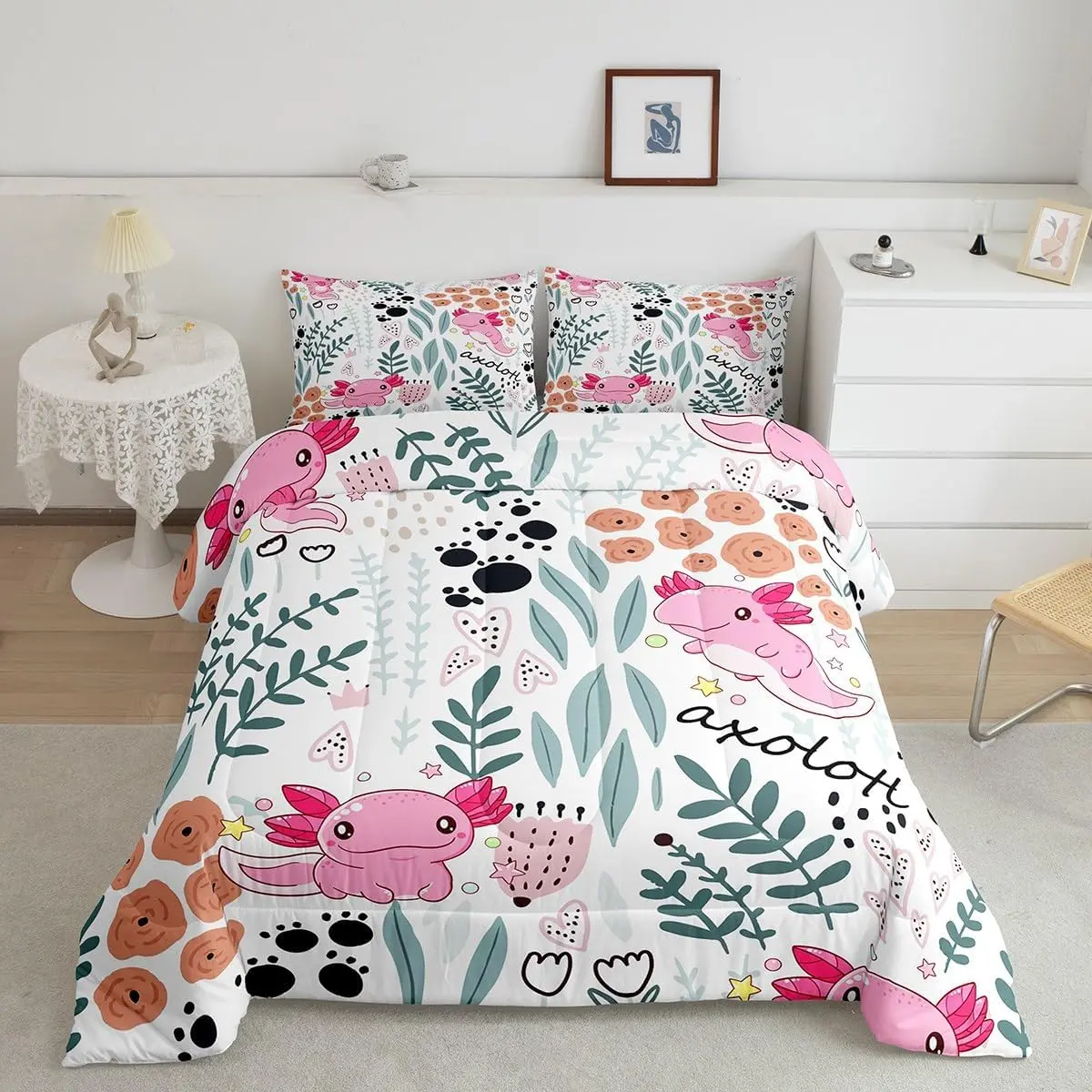 Feelyou Multi-Size Flower & Cartoon Axolotl Bedding Set - Breathable Soft Duvet Insert, Lightweight Warm Blanket with Heart, Leaf, Paw Patterns for Bedroom Camping, Animal Cartoon Pattern Blanket, Animals