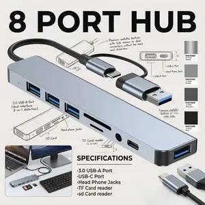 3.0 USB-A USB-C 8-in-1 Multiport Adapter with 4 USB-A 1 Type-C Port TF SD Card Reader Slot 3.5mm Audio Output for iPhone 17 16 15 Pro Laptop PC MacBook Air iPad