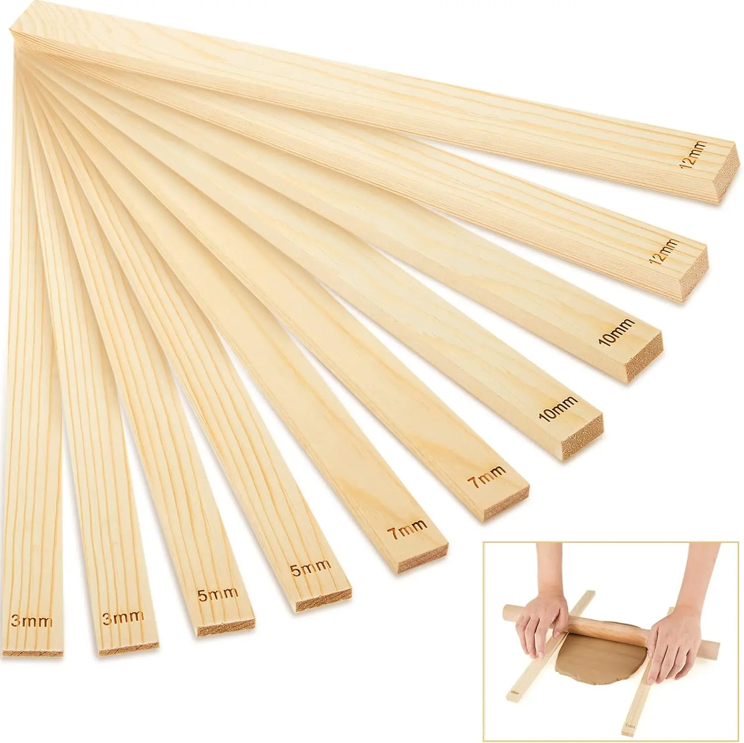 10 Pcs Clay Pottery Rolling Pin Guides Wood Teaching Rolling Mud Stick Guide Set Polymer Clay Depth Thickness Guide Pottery Mudboard Tools (5 Size,Wood Color)