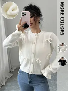 Women's Bow Decor Cardigan, Womenswear Elegant Fashion Loose Fit Long Sleeve Button Front Knitwear for Daily Outdoor Wear, Women Knitwear for Fall & Winter