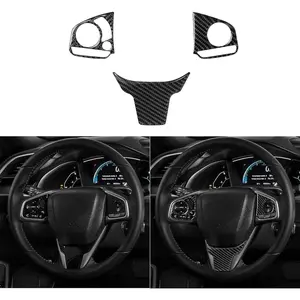 10th Gen Civic Accessories Real Carbon Fiber Steering Wheel Cover Trims Inner Button Sticker Compatible with  Civic 2021 2020 2019 2018 2017 2016 CR-V 2017-2022 (Black)