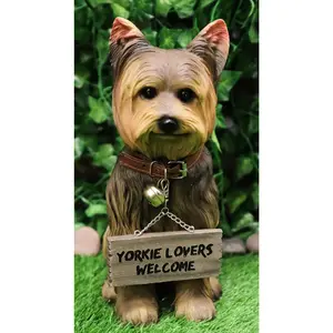 Ebros Yorkie Dog Garden Statue 12.5"H Yorkshire Terrier Figurine With Jingle Collar and Sign Patio Welcome Decor Guest Greeter Realistic Animal Dogs Sculpture