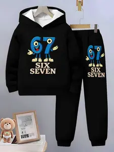 2026 New Cartoon Number 67 Kids Hoodie Set, Boys Fun Casual Two-Piece, Fitted Style, Spring & Fall Fashion, Sweatpants