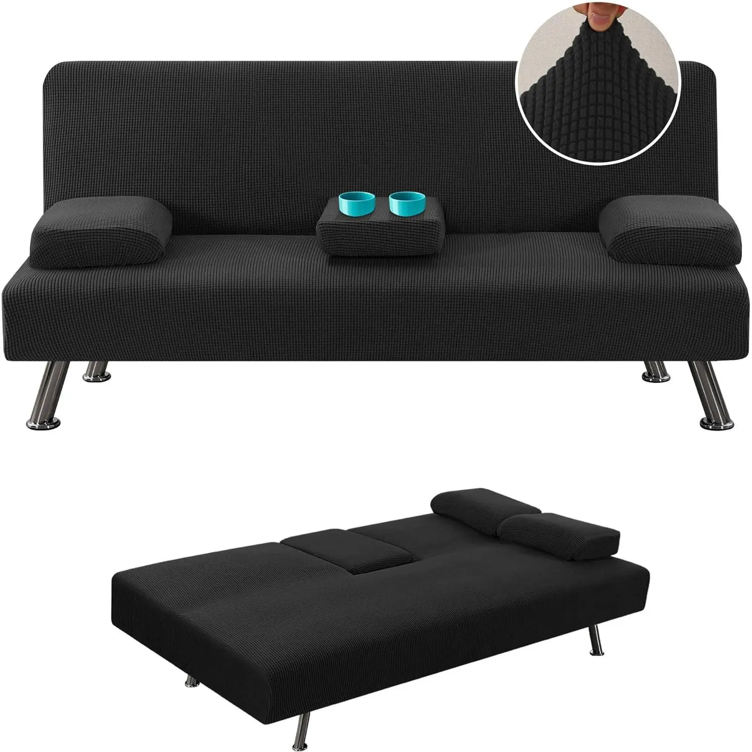 4 count Stretch Futon Covers Sofa Bed Slipcover with Removable Armrests and Cupholders Covers Furniture Protector High Spandex Small Checks Jacquard Fabric, Black
